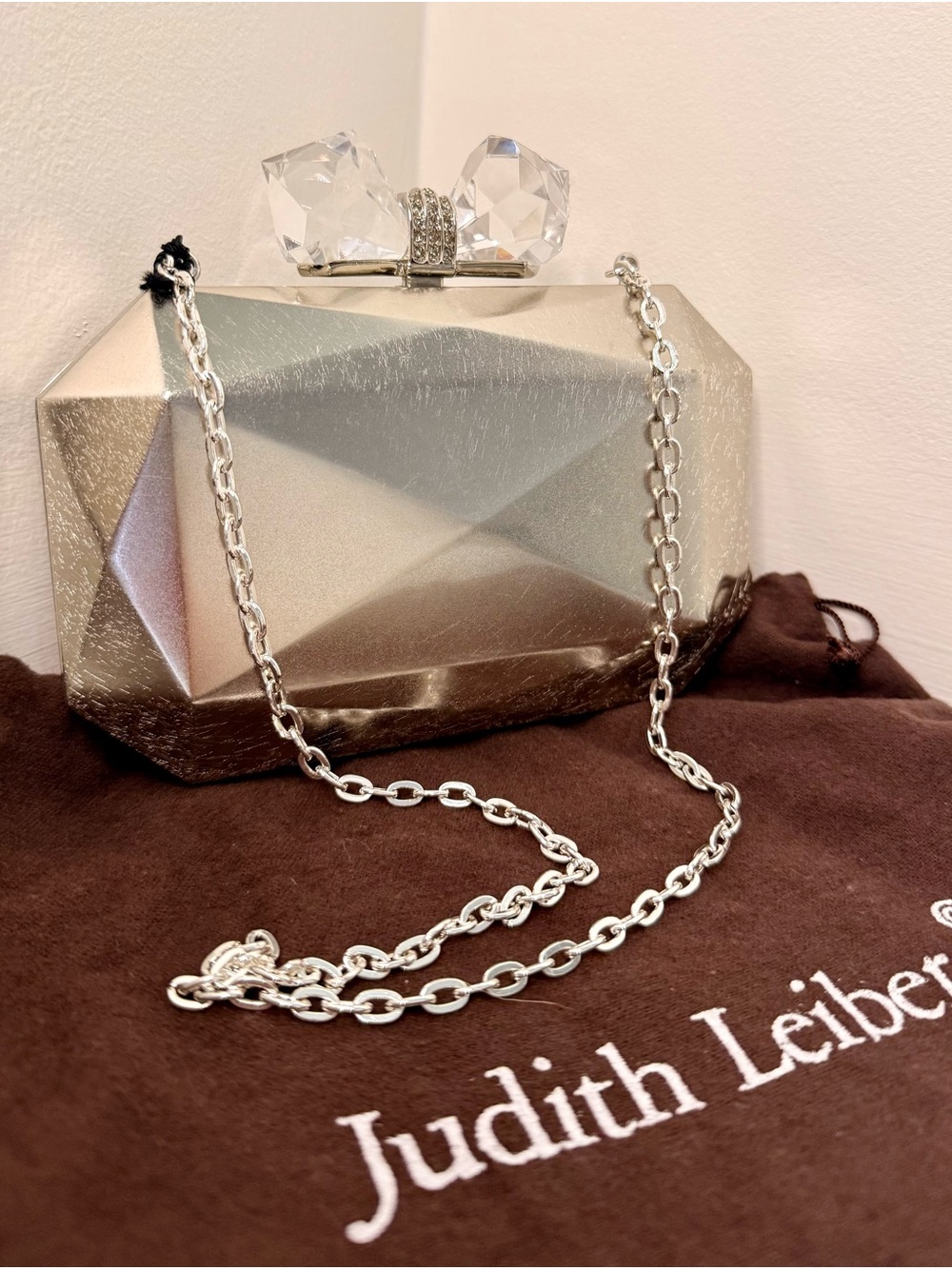 Judith Leiber Silver Geometric Crystal-Top Evening Clutch